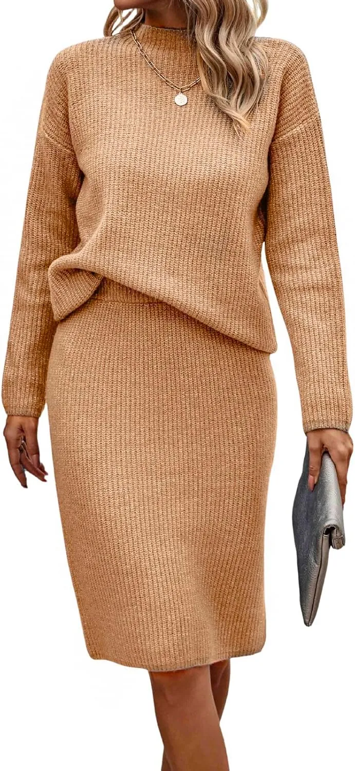 Women 2 Piece Knit Sweater Skirt Set Midi Sweater Dress Long Sleeve Pullover Bodycon Knitted Skirt Set Outfit