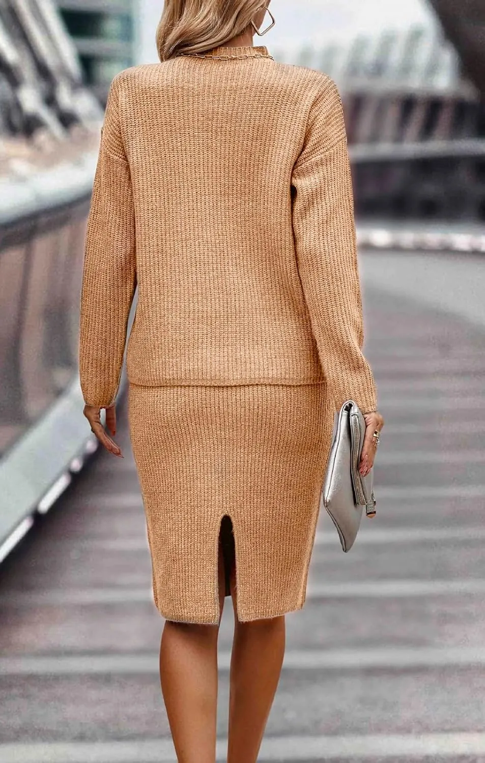 Women 2 Piece Knit Sweater Skirt Set Midi Sweater Dress Long Sleeve Pullover Bodycon Knitted Skirt Set Outfit