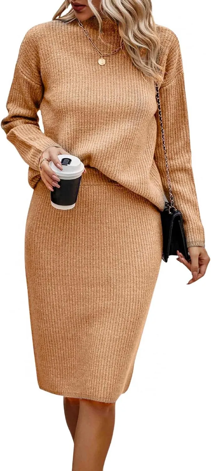 Women 2 Piece Knit Sweater Skirt Set Midi Sweater Dress Long Sleeve Pullover Bodycon Knitted Skirt Set Outfit