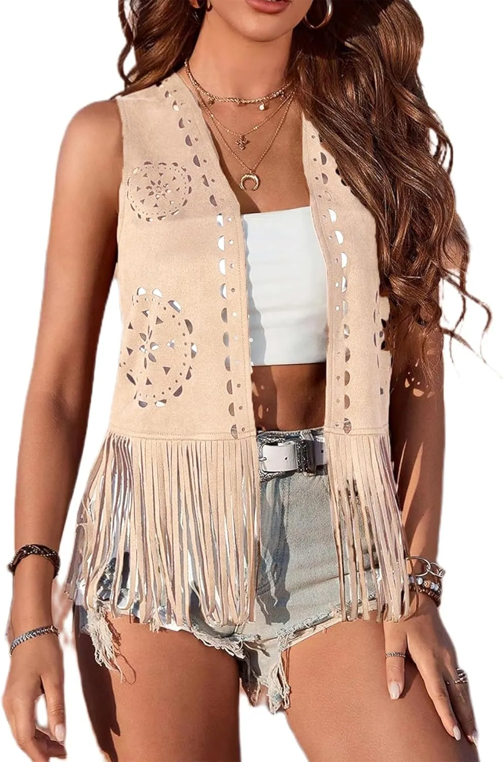 Women Boho Western Tassel Vest Sleeveless Jacket Open Front Faux Suede Fringe Cardigan Vintage Hippie Outwear
