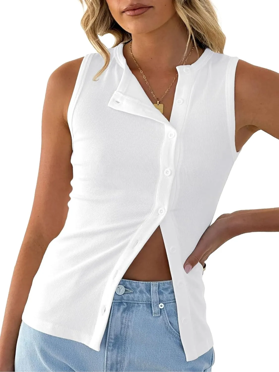 Women Button Down Vest Top Slim Fitted Ribbed Y2k Tank Top Sleeveless Cami Shirt Going Out Top