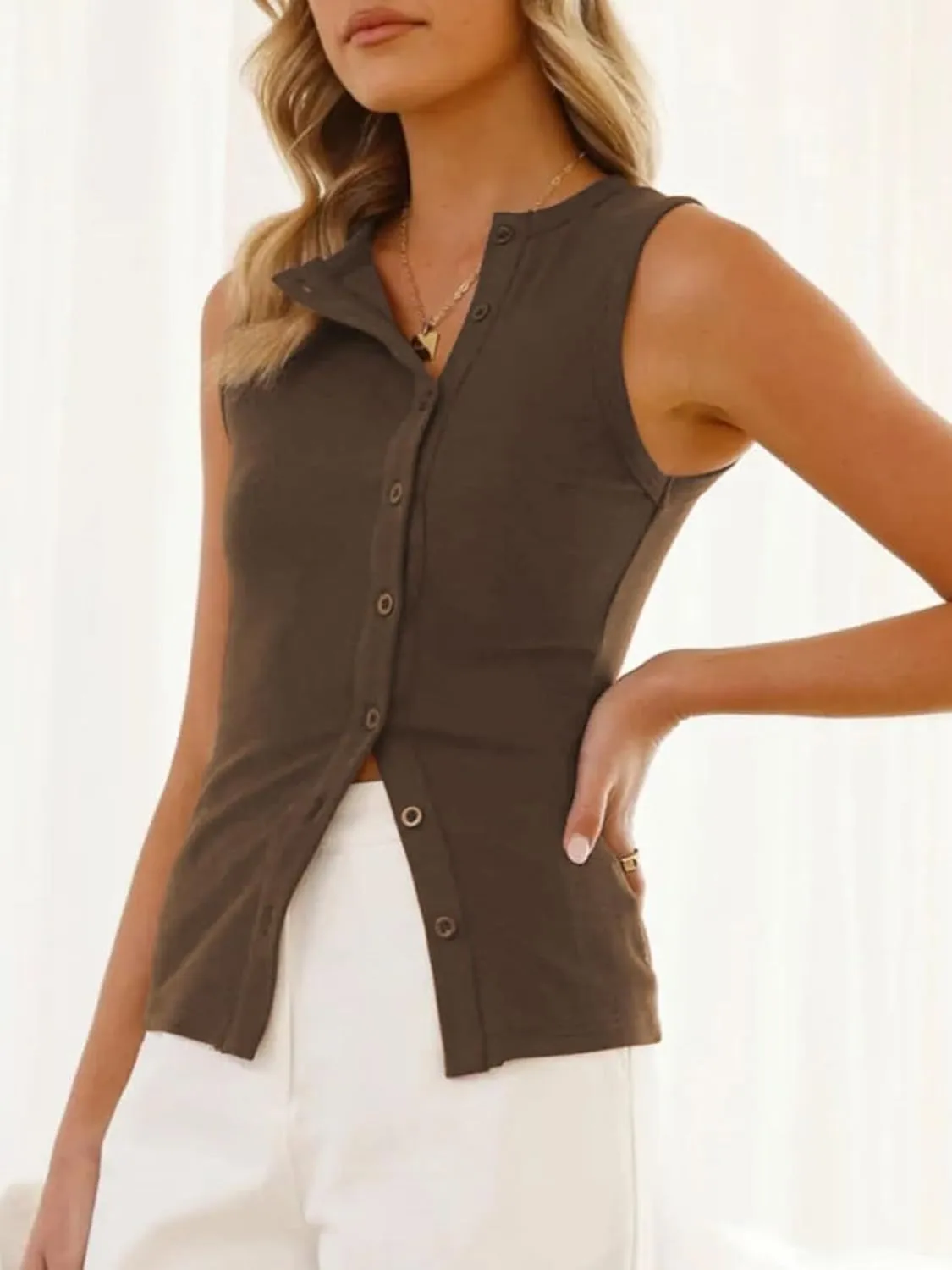 Women Button Down Vest Top Slim Fitted Ribbed Y2k Tank Top Sleeveless Cami Shirt Going Out Top