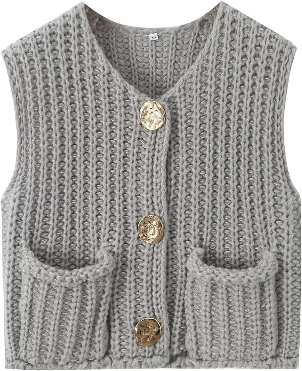 Women Crochet Knit Sweater Vest Button Up Cropped Casual Sleeveless Vest Fashion Vintage Cardigan with Pocket