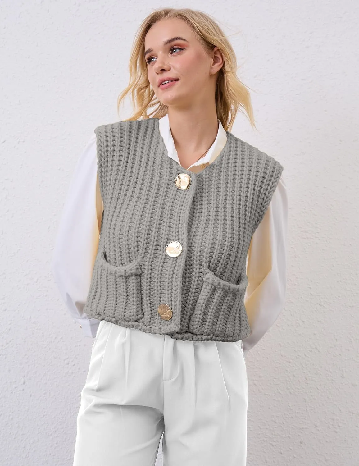 Women Crochet Knit Sweater Vest Button Up Cropped Casual Sleeveless Vest Fashion Vintage Cardigan with Pocket
