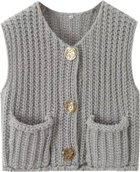 Women Crochet Knit Sweater Vest Button Up Cropped Casual Sleeveless Vest Fashion Vintage Cardigan with Pocket