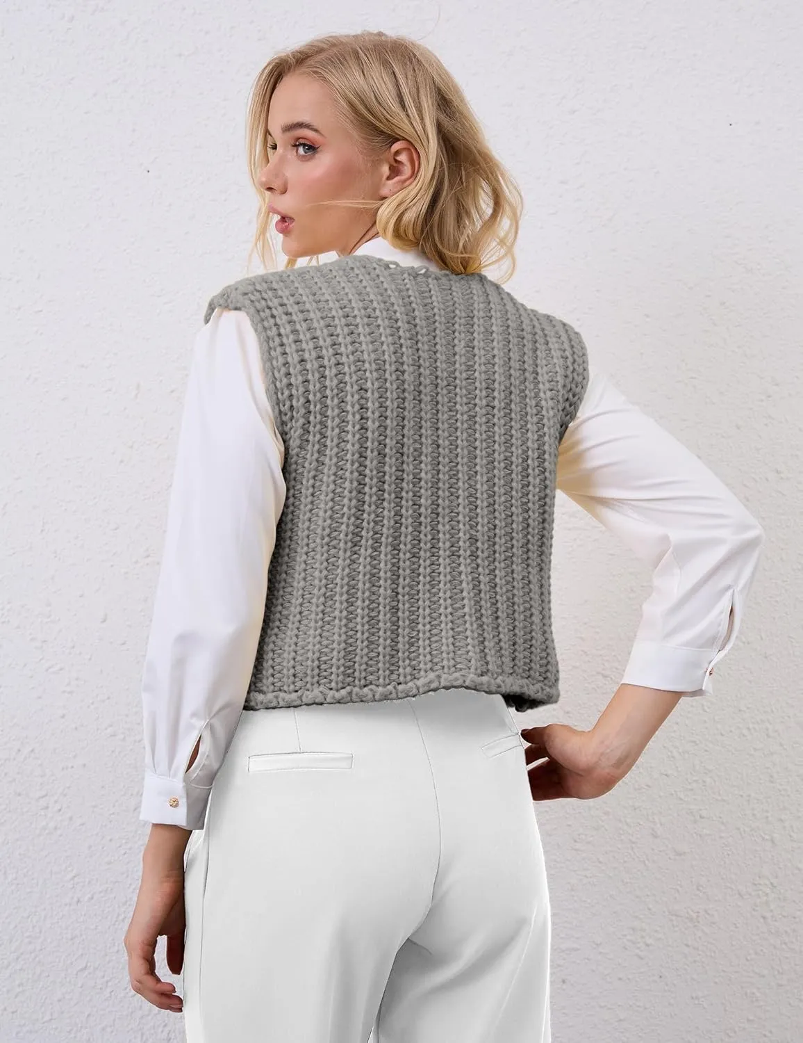 Women Crochet Knit Sweater Vest Button Up Cropped Casual Sleeveless Vest Fashion Vintage Cardigan with Pocket