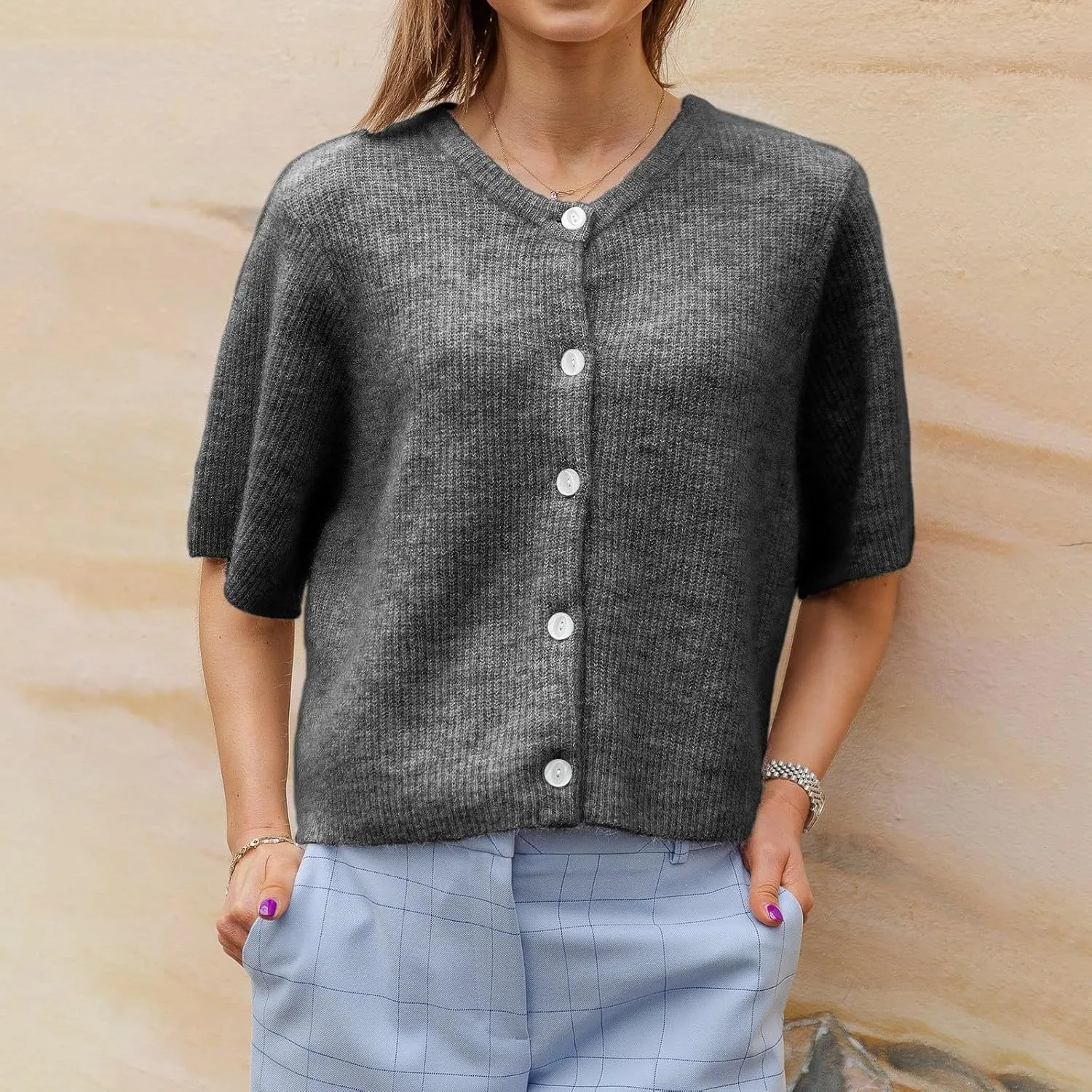 Women Knitted Crop Cardigan Shirt Y2k Short Sleeve Cardigan Button Up Rib Knit Elegant Loose Fit Sweater Tops