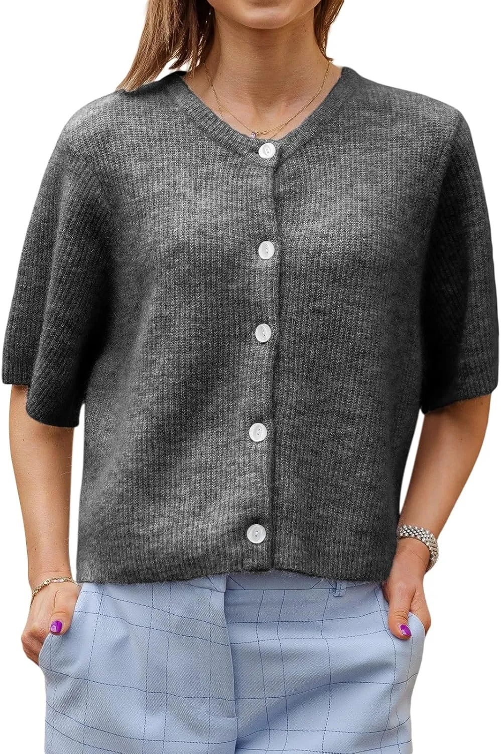 Women Knitted Crop Cardigan Shirt Y2k Short Sleeve Cardigan Button Up Rib Knit Elegant Loose Fit Sweater Tops