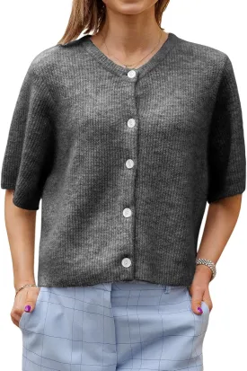Women Knitted Crop Cardigan Shirt Y2k Short Sleeve Cardigan Button Up Rib Knit Elegant Loose Fit Sweater Tops