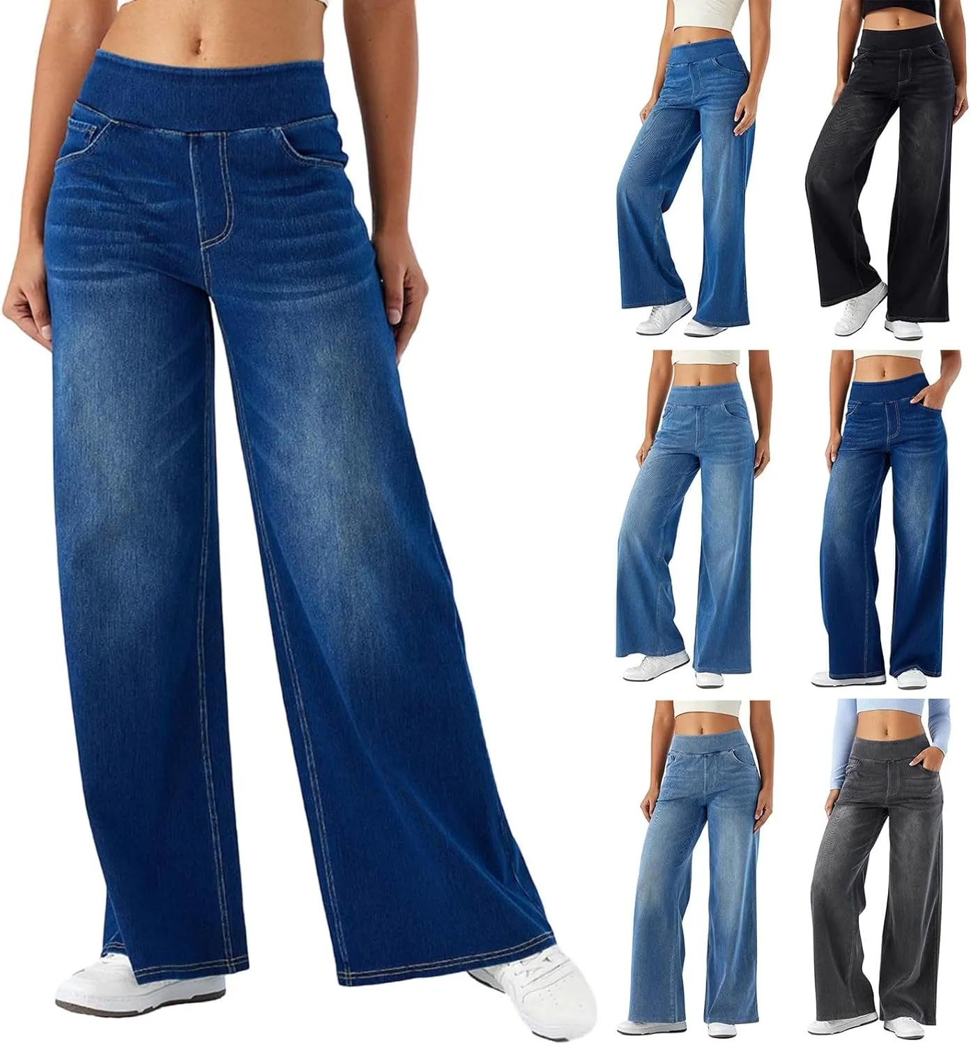 Women Sweatpant Jeans Sweatpants That Look Like Jeans High Waisted Stretchy Pull On Wide Leg Denim Pants with Pockets