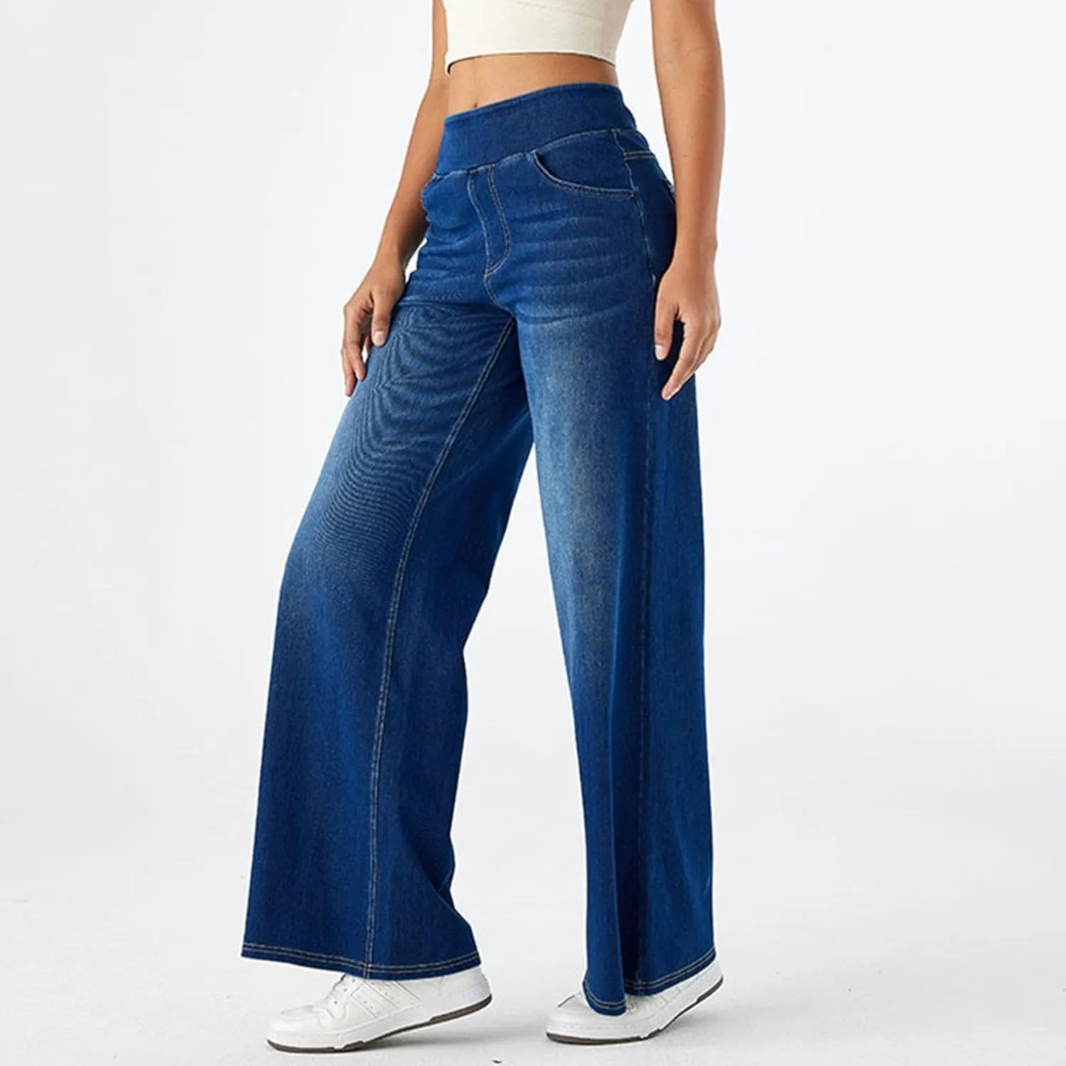 Women Sweatpant Jeans Sweatpants That Look Like Jeans High Waisted Stretchy Pull On Wide Leg Denim Pants with Pockets