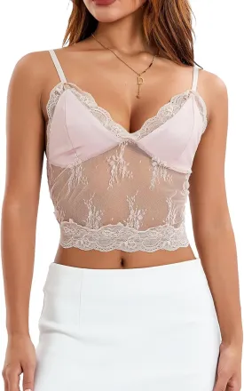 Women Y2k Spaghetti Strap Camisole Crop Top Mesh See Through Slim Fit Tank Top Going Out Shirt Vest Tops Streetwear