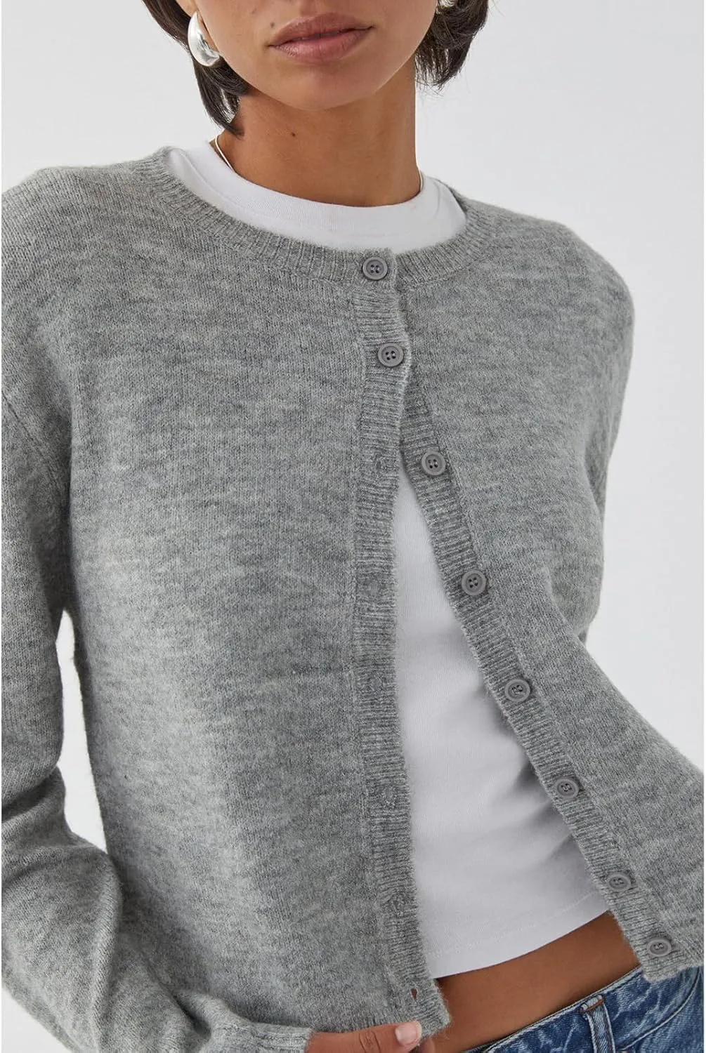 Women's Casual Crop Knit Cardigan Y2K Open Front Button Down Crop Sweater Cardigan Crew Neck Fall Tops Streetwear