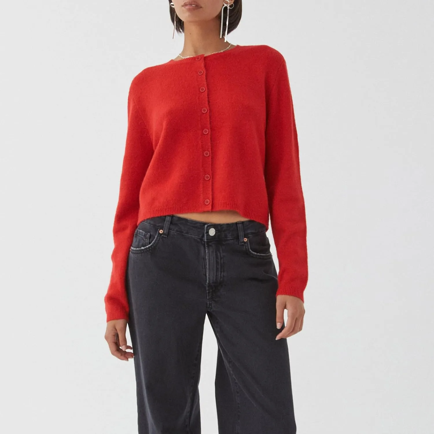 Women's Casual Crop Knit Cardigan Y2K Open Front Button Down Crop Sweater Cardigan Crew Neck Fall Tops Streetwear