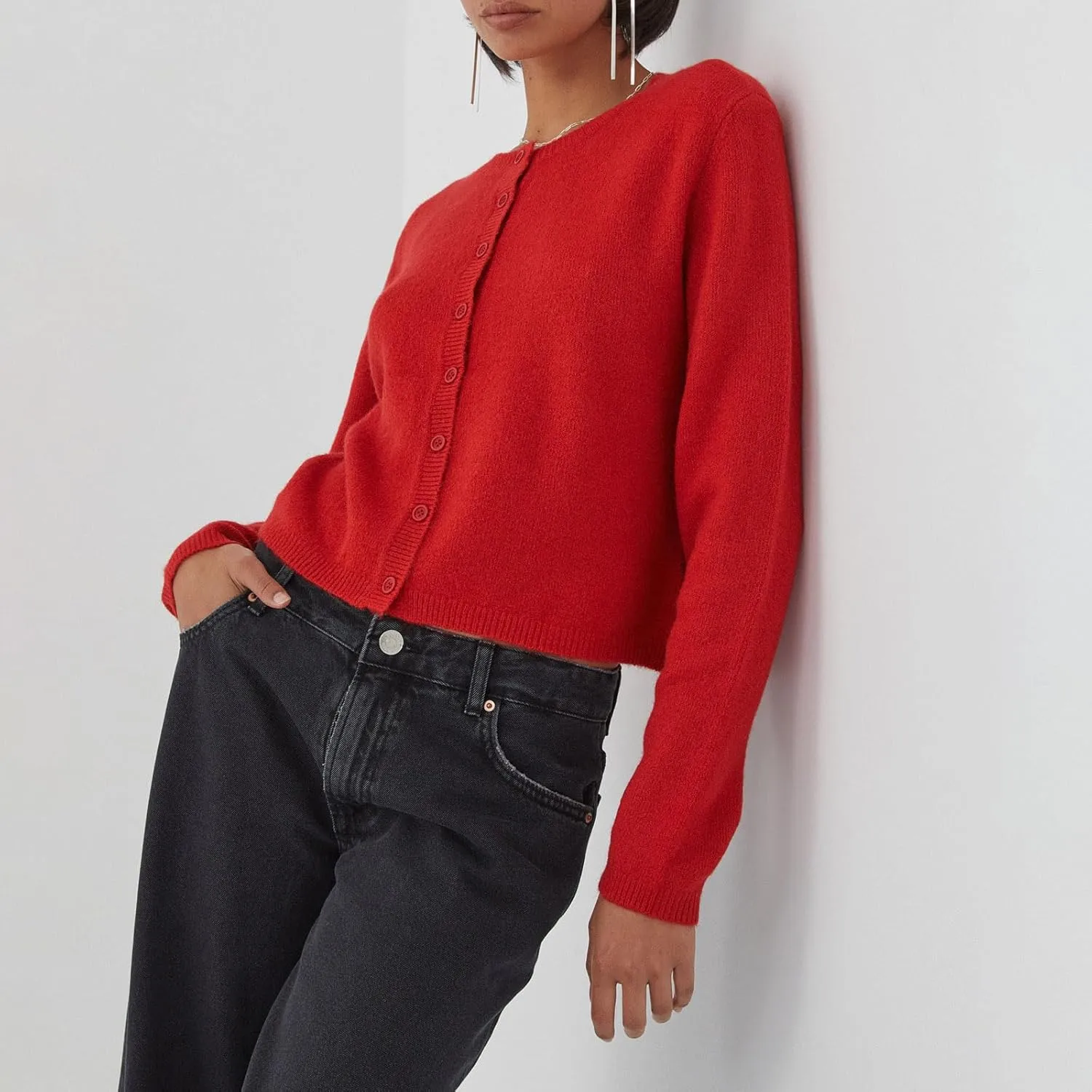Women's Casual Crop Knit Cardigan Y2K Open Front Button Down Crop Sweater Cardigan Crew Neck Fall Tops Streetwear