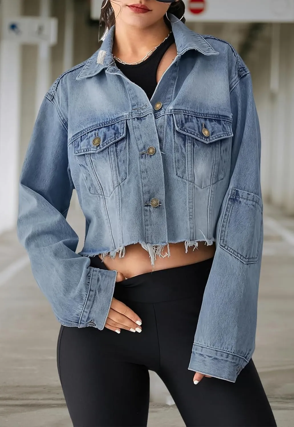Women's Cropped Denim Washed Distressed Button Down Long Sleeve Jean Jacket Coats