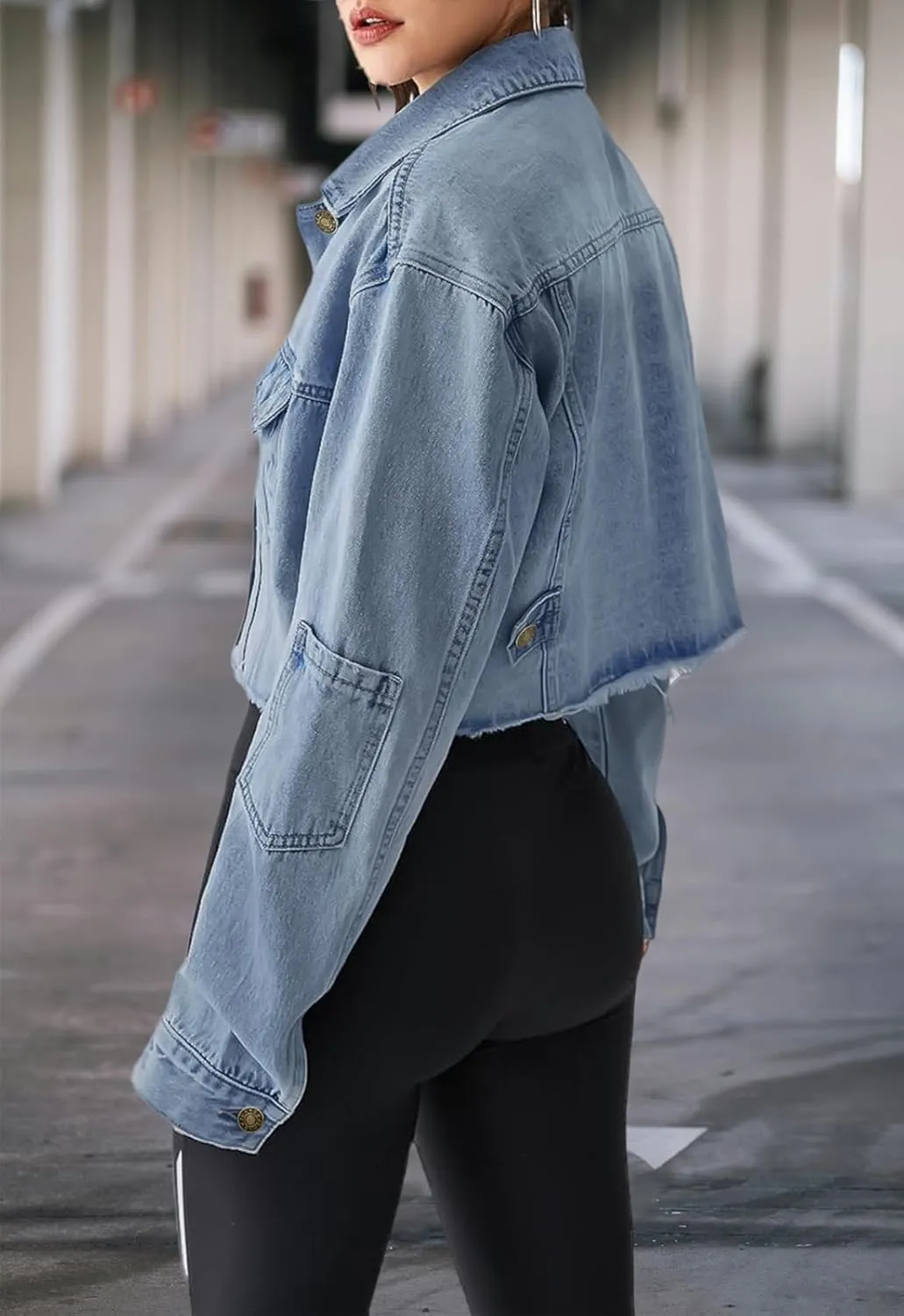 Women's Cropped Denim Washed Distressed Button Down Long Sleeve Jean Jacket Coats