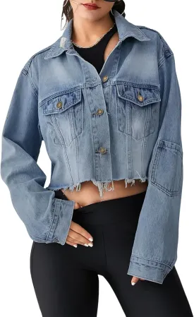 Women's Cropped Denim Washed Distressed Button Down Long Sleeve Jean Jacket Coats