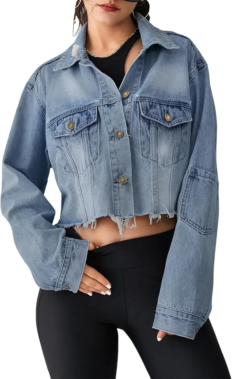 Women's Cropped Denim Washed Distressed Button Down Long Sleeve Jean Jacket Coats
