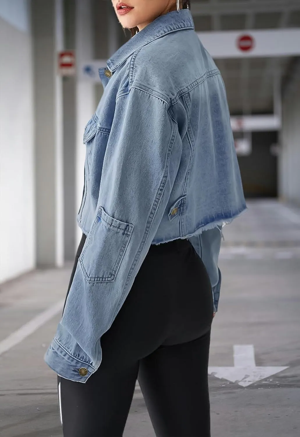 Women's Cropped Denim Washed Distressed Button Down Long Sleeve Jean Jacket Coats