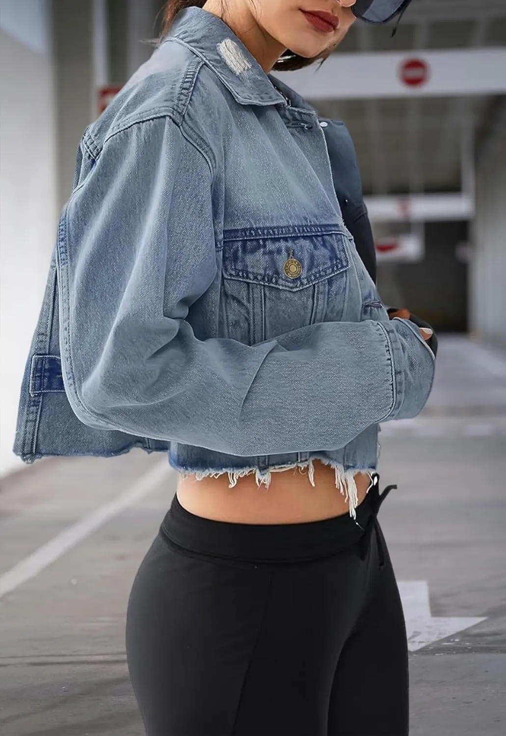 Women's Cropped Denim Washed Distressed Button Down Long Sleeve Jean Jacket Coats