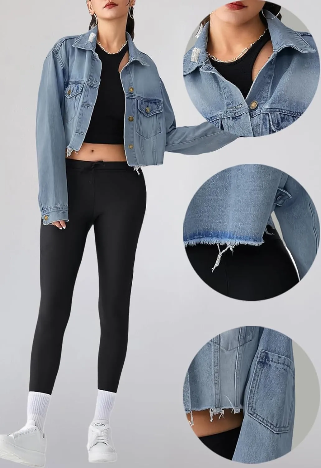 Women's Cropped Denim Washed Distressed Button Down Long Sleeve Jean Jacket Coats