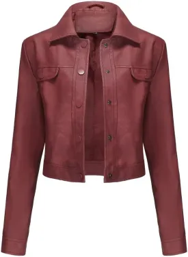 Women's Cropped Faux Leather Bomber Jacket Turn-Down Collar Flap Pocket Snap Retro Shape Coat
