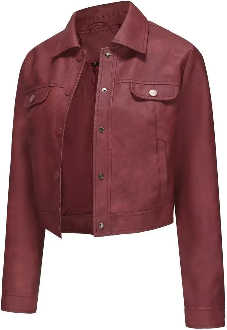 Women's Cropped Faux Leather Bomber Jacket Turn-Down Collar Flap Pocket Snap Retro Shape Coat