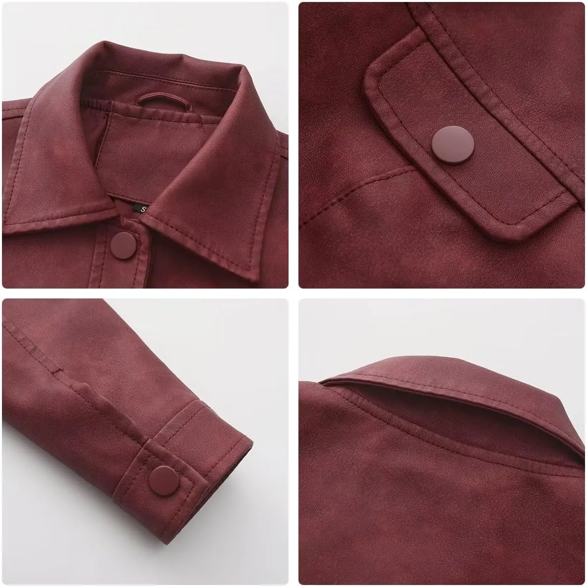 Women's Cropped Faux Leather Bomber Jacket Turn-Down Collar Flap Pocket Snap Retro Shape Coat