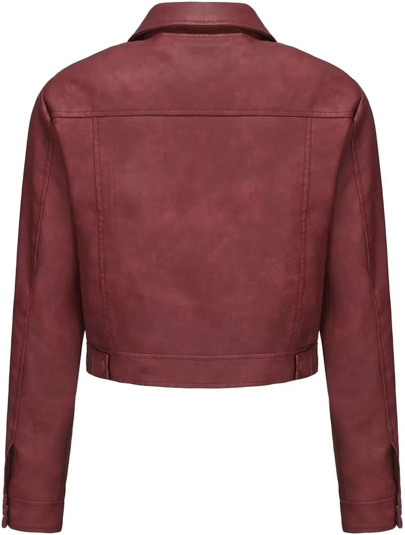Women's Cropped Faux Leather Bomber Jacket Turn-Down Collar Flap Pocket Snap Retro Shape Coat