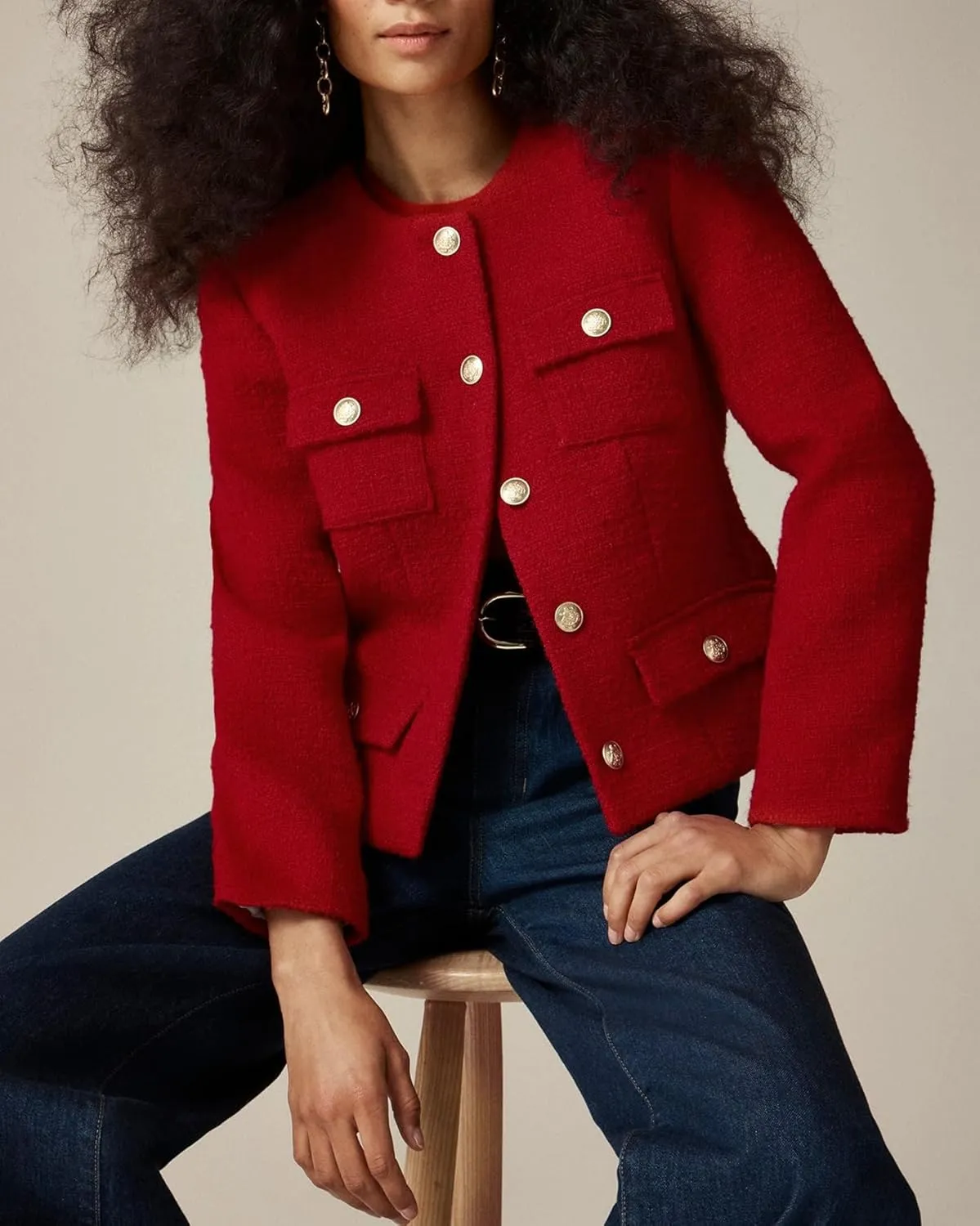 Womens Cropped Tweed Jackets Collarless Button Down Business Blazer Casual Outfits with Pockets