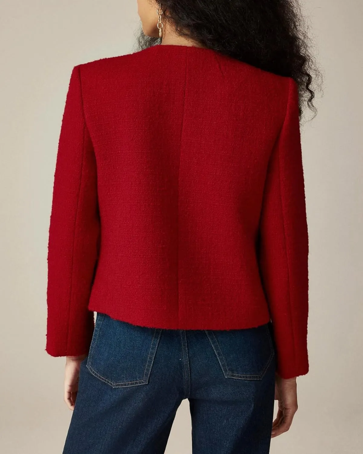 Womens Cropped Tweed Jackets Collarless Button Down Business Blazer Casual Outfits with Pockets