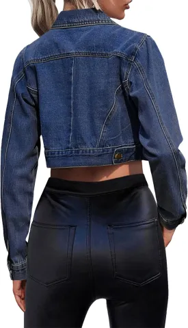 Women's Denim Jackets Cropped Jean Jacket Long Sleeve Casual Button Down Crop Jean Jacket