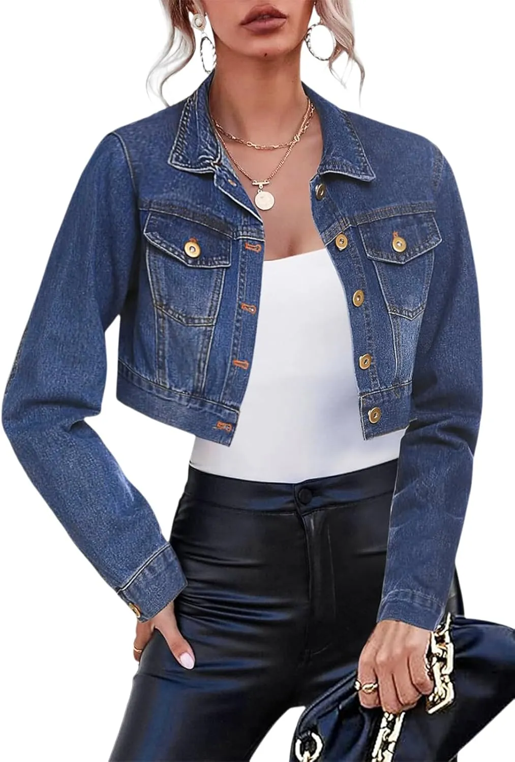 Women's Denim Jackets Cropped Jean Jacket Long Sleeve Casual Button Down Crop Jean Jacket