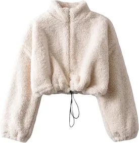 Womens Oversized Sweatshirts Zip Up Fluffy Fuzzy Fleece Cropped Sweatshirt Sherpa Jackets