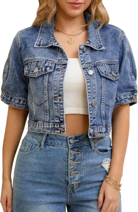 Women's Short Sleeve Denim Jacket Button Down Trucker Jacket Y2K Cropped Jean Jackets