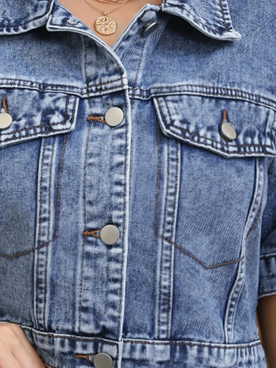 Women's Short Sleeve Denim Jacket Button Down Trucker Jacket Y2K Cropped Jean Jackets