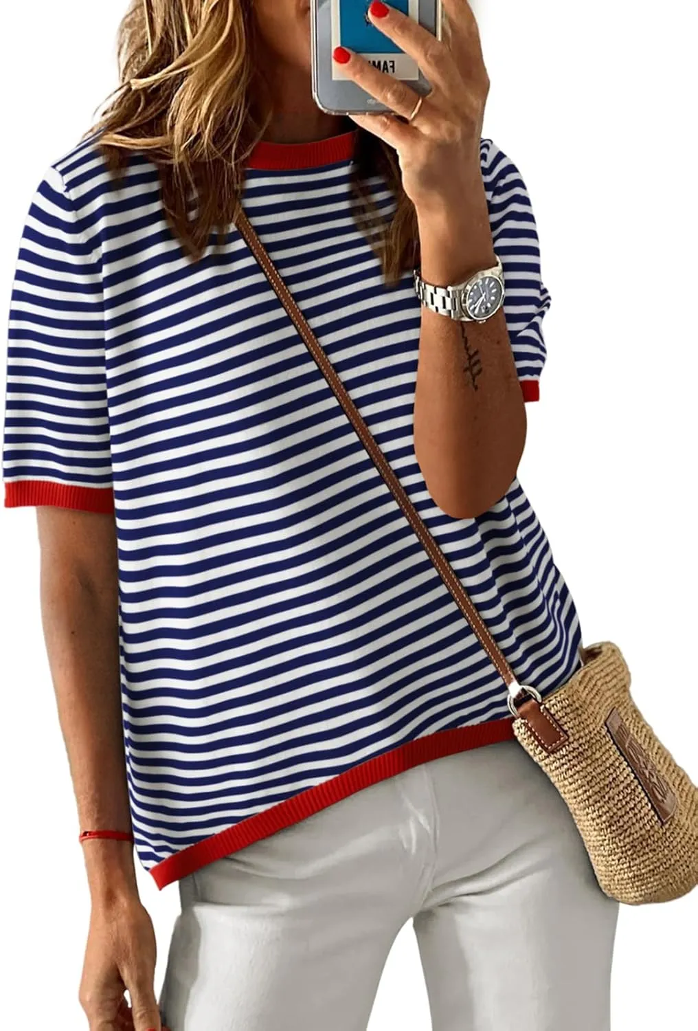 Womens Short Sleeve Sweaters Summer Casual Crewneck Striped Color Block Knitted Cotton Trendy Pullover Tops
