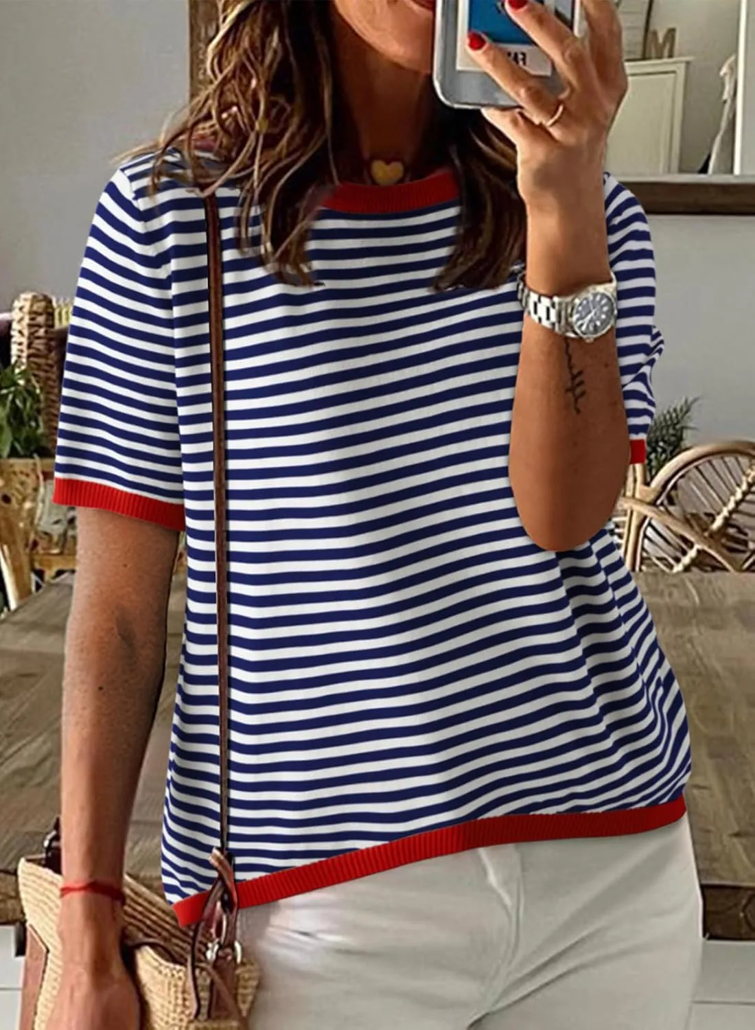 Womens Short Sleeve Sweaters Summer Casual Crewneck Striped Color Block Knitted Cotton Trendy Pullover Tops