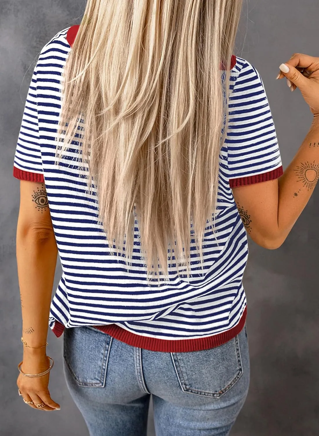 Womens Short Sleeve Sweaters Summer Casual Crewneck Striped Color Block Knitted Cotton Trendy Pullover Tops