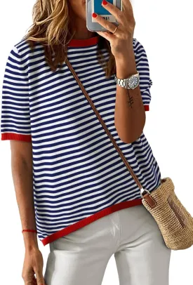 Womens Short Sleeve Sweaters Summer Casual Crewneck Striped Color Block Knitted Cotton Trendy Pullover Tops