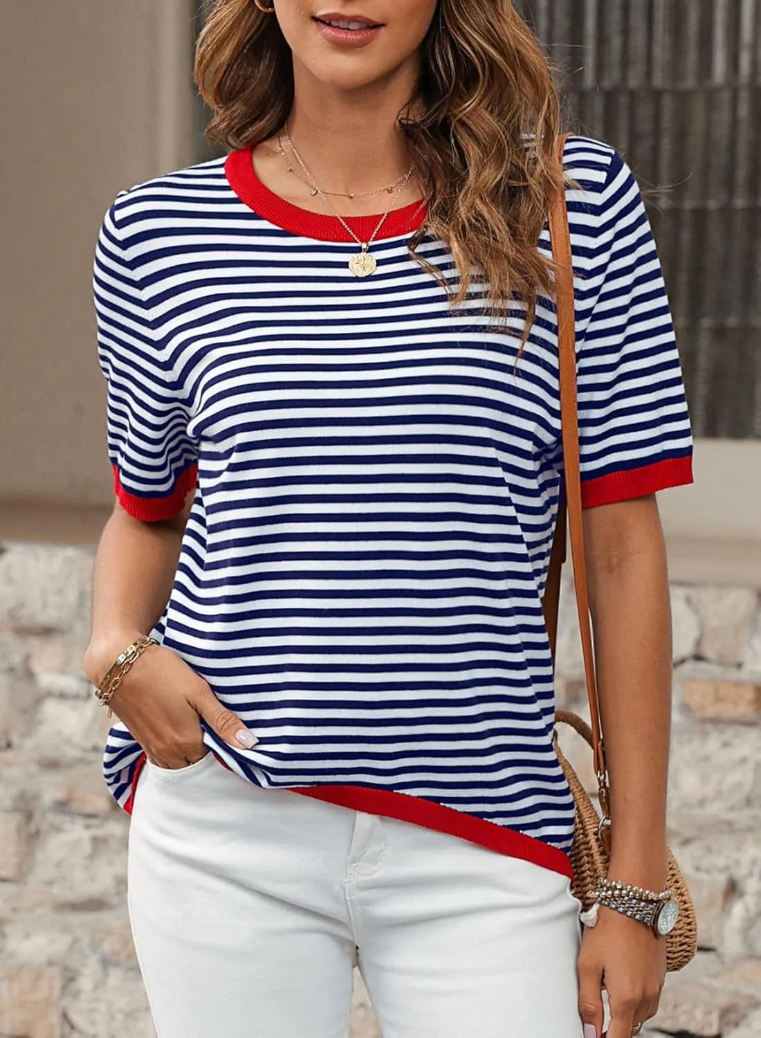 Womens Short Sleeve Sweaters Summer Casual Crewneck Striped Color Block Knitted Cotton Trendy Pullover Tops