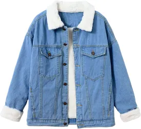 Womens Winter Warm Loose Boyfriend Oversized Fleece Lining Denim Jean Parka Jacket Coat