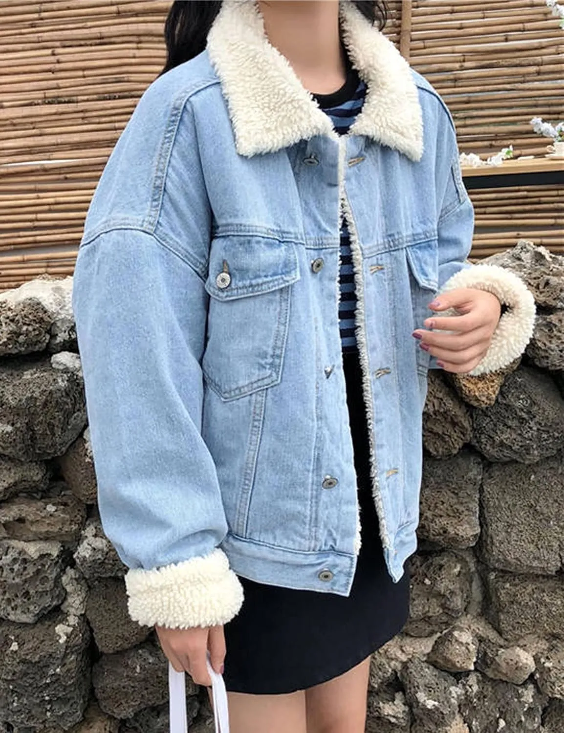 Womens Winter Warm Loose Boyfriend Oversized Fleece Lining Denim Jean Parka Jacket Coat