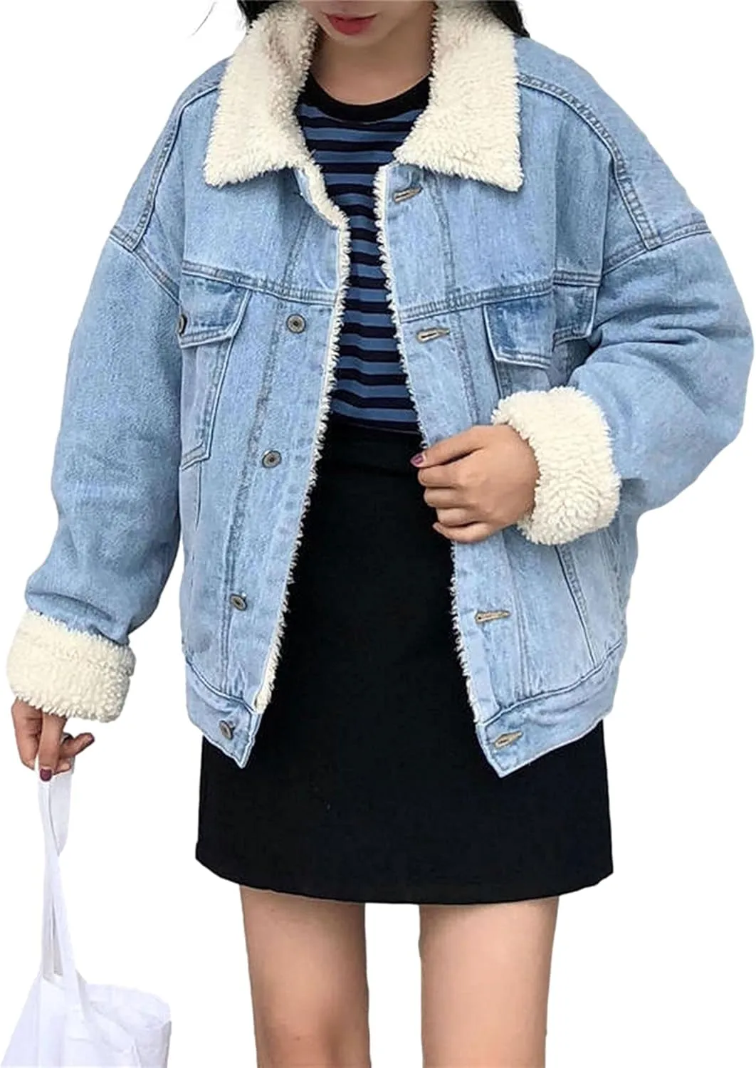 Womens Winter Warm Loose Boyfriend Oversized Fleece Lining Denim Jean Parka Jacket Coat