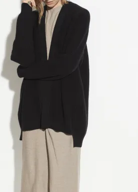 Wool Cashmere Ribbed Back Cardigan in Heather Black