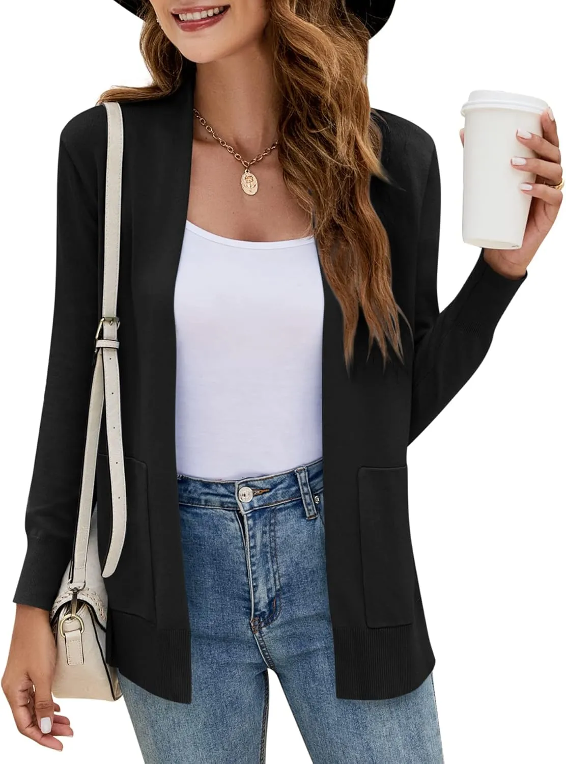Yousify Womens Cardigan Sweater Long Sleeve Open Front Knit Cardigan Sweater with Pockets