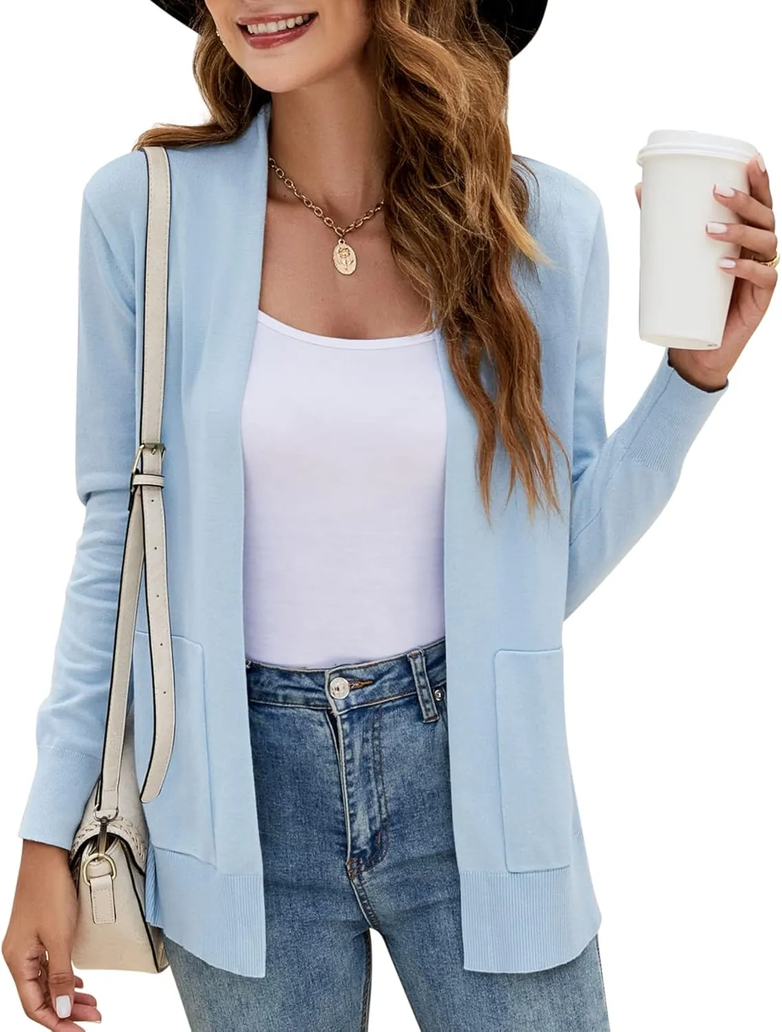 Yousify Womens Cardigan Sweater Long Sleeve Open Front Knit Cardigan Sweater with Pockets