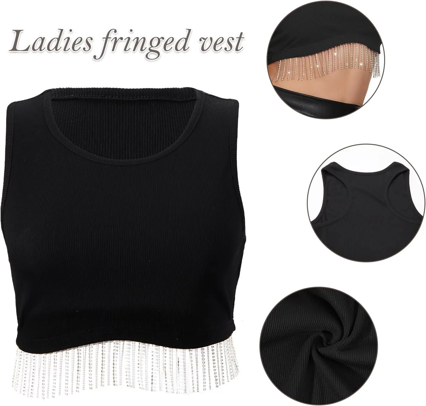 Zando Women Fringe Rhinestone Top Sparkly Sexy Concert Outfit Crop Tank Top Sleeveless Round Neck Fitted Tees