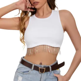 Zando Women Fringe Rhinestone Top Sparkly Sexy Concert Outfit Crop Tank Top Sleeveless Round Neck Fitted Tees